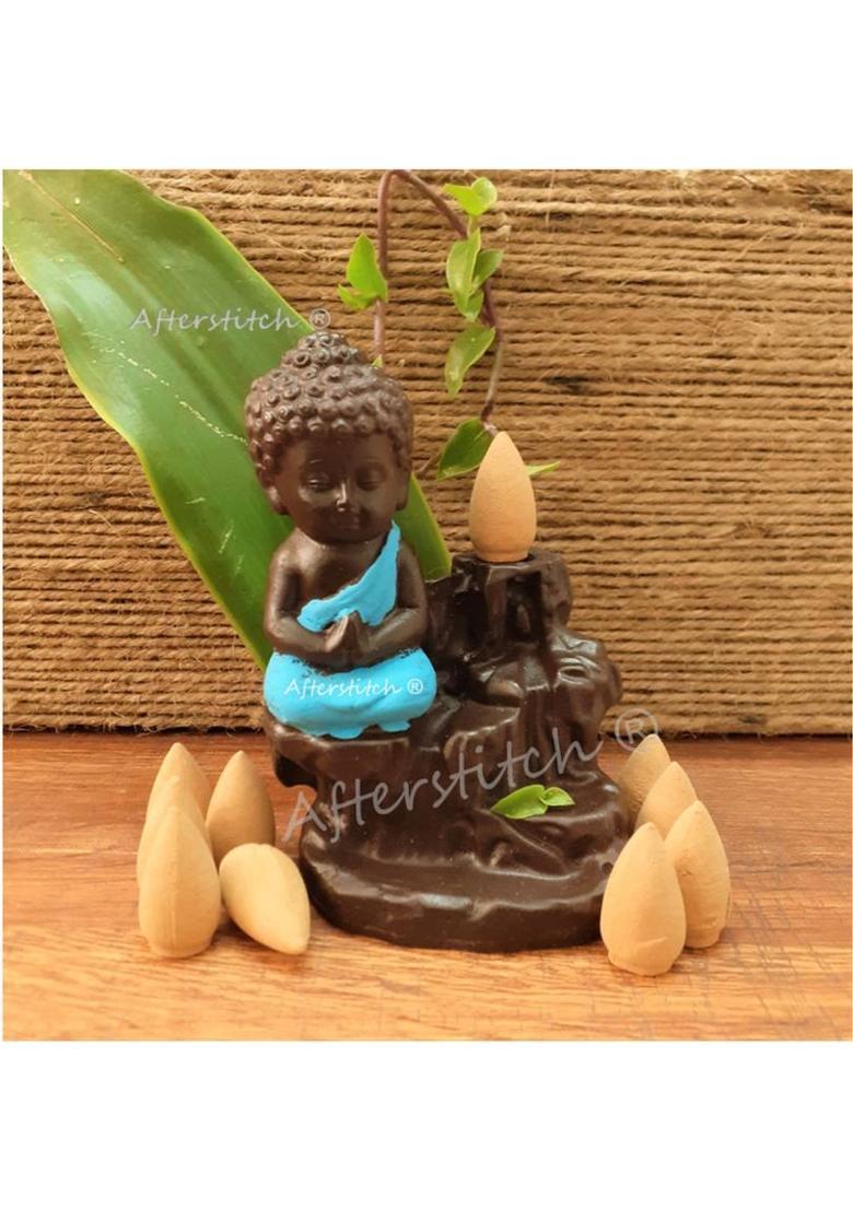 AFTERSTITCH smoke waterfall meditating sitting Buddha Smoke Fountain backflow with Incense Cones 10 Free Fog Waterfall Burner Decorative showpiece for Home Decor living room garden decoration & Gift items Polyresin Incense Holder&nbsp;&nbsp;(Blue) - Indya