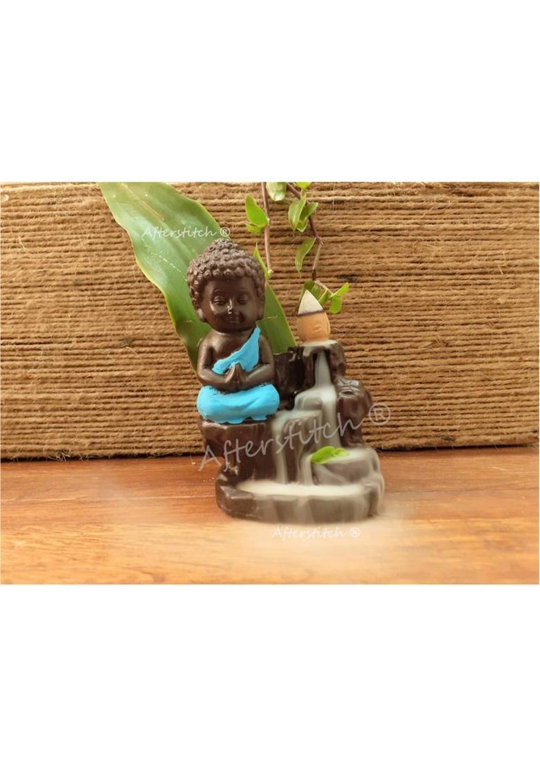 AFTERSTITCH smoke waterfall meditating sitting Buddha Smoke Fountain backflow with Incense Cones 10 Free Fog Waterfall Burner Decorative showpiece for Home Decor living room garden decoration & Gift items Polyresin Incense Holder&nbsp;&nbsp;(Blue) - Indya