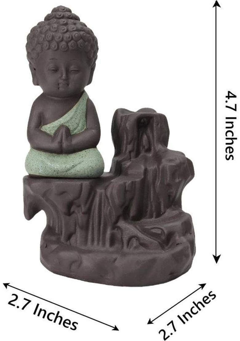 eCraftIndia Meditating Buddha Smoke Backflow Cone Incense Holder with Scented Cone Incenses Decorative Showpiece - 12 cm&nbsp;&nbsp;(Polyresin, Black, Green) - Indya