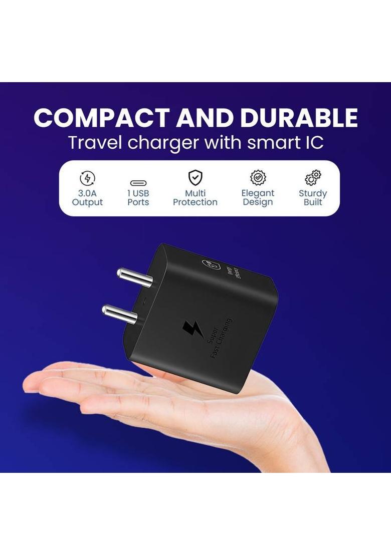 MAK 25 W Quick Charge 3.1 A Wall Charger for Mobile with Detachable Cable&nbsp;&nbsp;(Black Super Fast Charger for Samsung Galaxy A36 5g Charger Adapter) - Indya