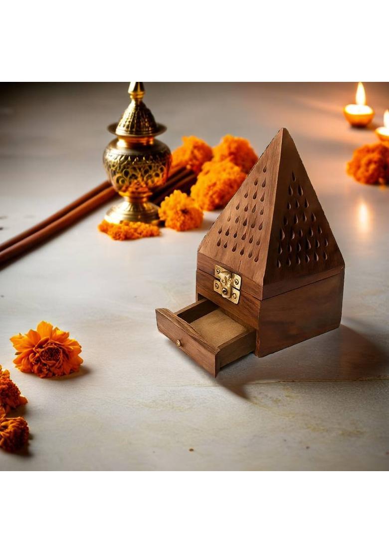 VIAPRADHAN Handmade Wooden Pyramid Incense Cone & Stick Holder – 1 Pc Wooden Incense Holder&nbsp;&nbsp;(Brown) - Indya