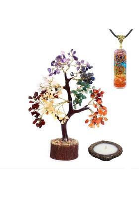 RESHAMM LIFE CARE Seven Chakra Tree with PENDANT & FRAGRANCE DIYA for Balancing Chakra, Decor 1pc Decorative Showpiece - 25 cm&nbsp;&nbsp;(Crystal, Wood, Stone, Peach)