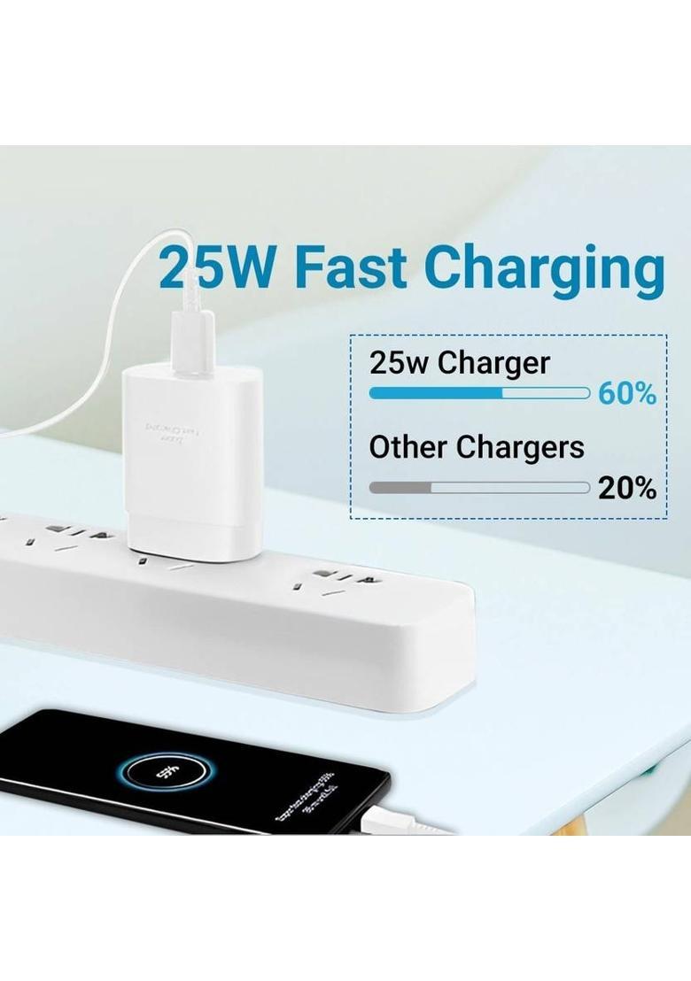 MAK 25 W Quick Charge 3.1 A Wall Charger for Mobile with Detachable Cable&nbsp;&nbsp;(White Superfast Charger Compatible for Samsung Galaxy F15 5g Charger Adapter) - Indya