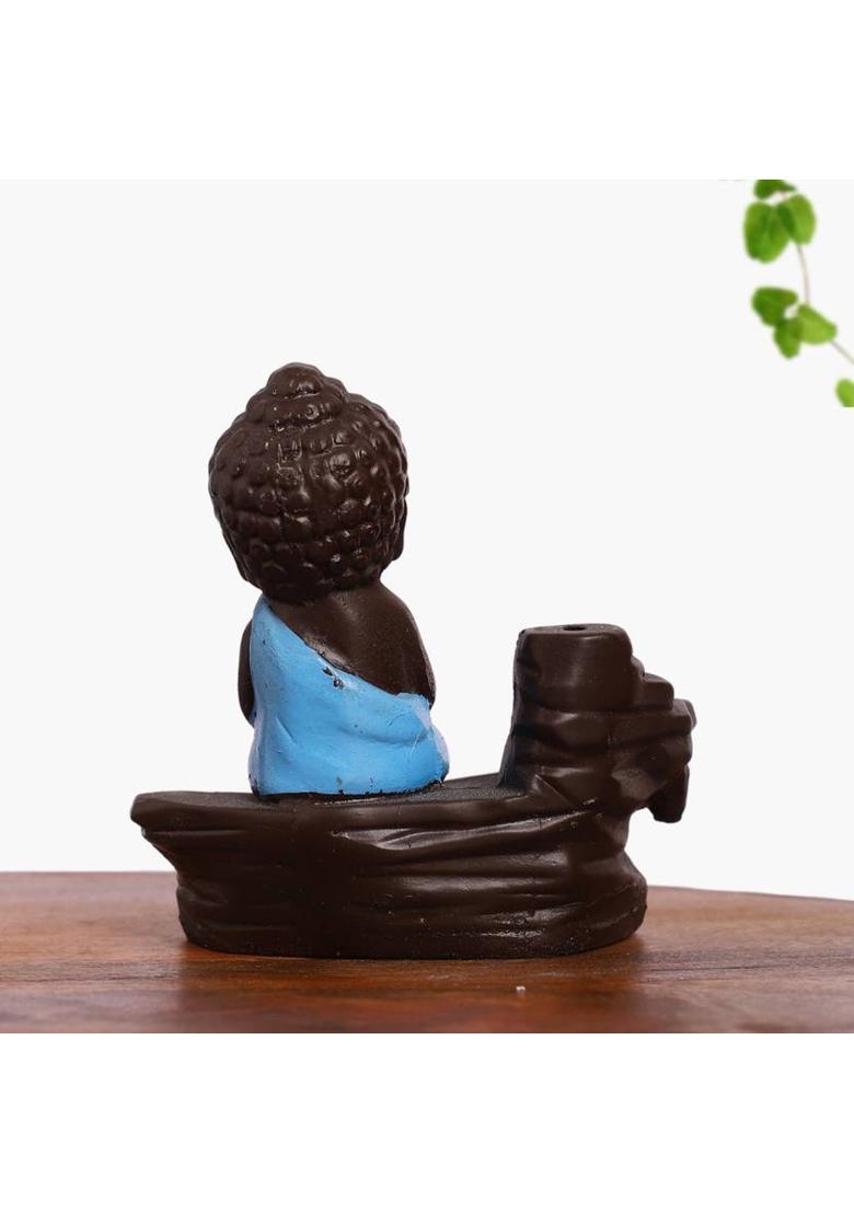SMILES GIFT Multicolor Prayer Buddha Idol With 8 Incense Backflow Smoke Fountain | For Table Decorative Showpiece - 10.24 cm&nbsp;&nbsp;(Polyresin, Blue) - Indya