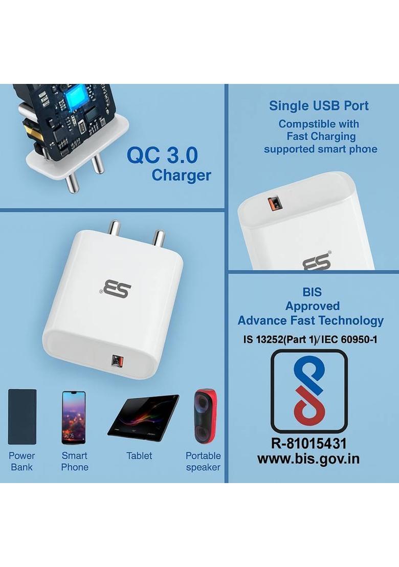 SB 18 W Quick Charge 3.1 A Wall Charger for Mobile with Detachable Cable&nbsp;&nbsp;(White, Fast charging for supported device, Cable Included) - Indya