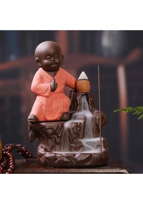 Craftam Karate Monk Buddha Smoke Fountain Decorative with 10 Scented Backflow Incense Cone (ORANGE) Decorative Showpiece - 12 cm&nbsp;&nbsp;(Polyresin, Brown, Pink)