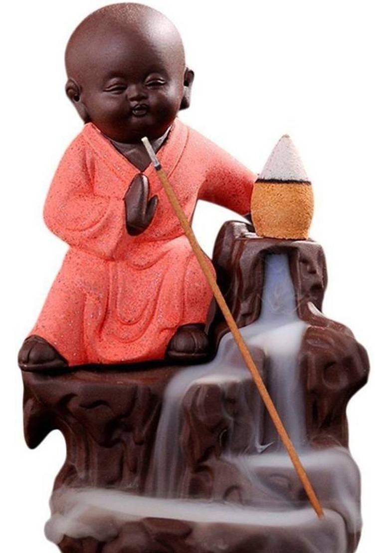 Craftam Karate Monk Buddha Smoke Fountain Decorative with 10 Scented Backflow Incense Cone (ORANGE) Decorative Showpiece - 12 cm&nbsp;&nbsp;(Polyresin, Brown, Pink) - Indya