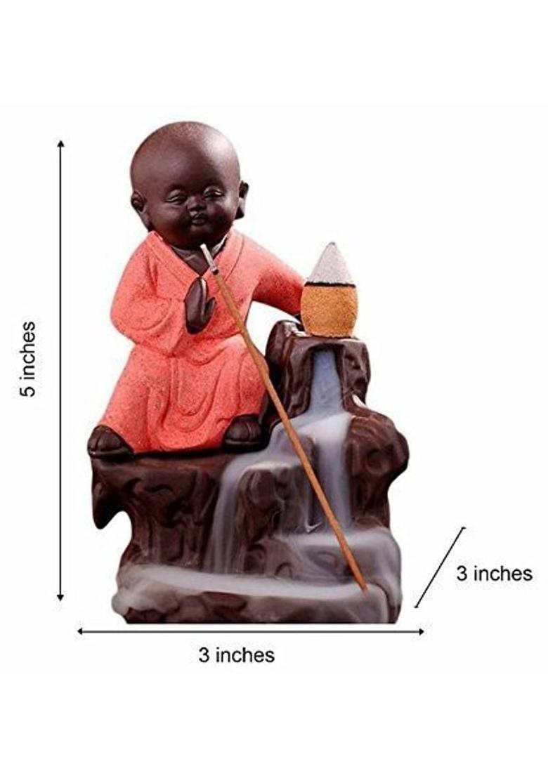 Craftam Karate Monk Buddha Smoke Fountain Decorative with 10 Scented Backflow Incense Cone (ORANGE) Decorative Showpiece - 12 cm&nbsp;&nbsp;(Polyresin, Brown, Pink) - Indya