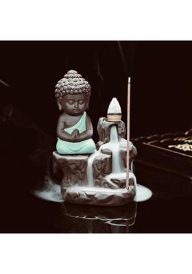 AapnoCrafts Maditating Monk Buddha Smoke Back flow Cone Incense Holder- With 10 Free Incence Cones Decorative Showpiece - 12 cm&nbsp;&nbsp;(Polyresin, Multicolor)