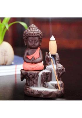 QYZL Set of 2 Meditating Monk Buddha Smoke Backflow Cone Incense Holder De Decorative Showpiece - 12 cm&nbsp;&nbsp;(Polyresin, Pink, Brown)