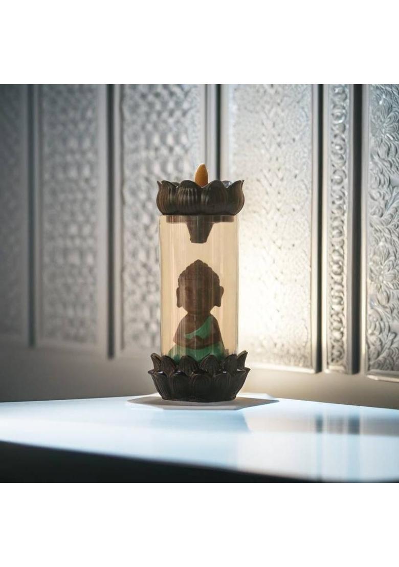 BECKON VENTURE Graceful Resin Smoke Buddha with 10 Backflow Incense Sticks For Home Gift Items Decorative Showpiece - 23 cm&nbsp;&nbsp;(Glass, Polyresin, Multicolor) - Indya