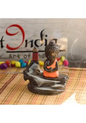 eCraftIndia Meditating Monk Buddha Smoke 10 Backflow Cone Decorative Incense Holder Decorative Showpiece - 10 cm (Brown, Red) Decorative Showpiece - 10 cm&nbsp;&nbsp;(Polyresin, Red, Brown)