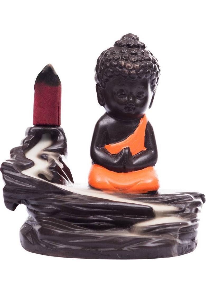 eCraftIndia Meditating Monk Buddha Smoke 10 Backflow Cone Decorative Incense Holder Decorative Showpiece - 10 cm (Brown, Red) Decorative Showpiece - 10 cm&nbsp;&nbsp;(Polyresin, Red, Brown) - Indya