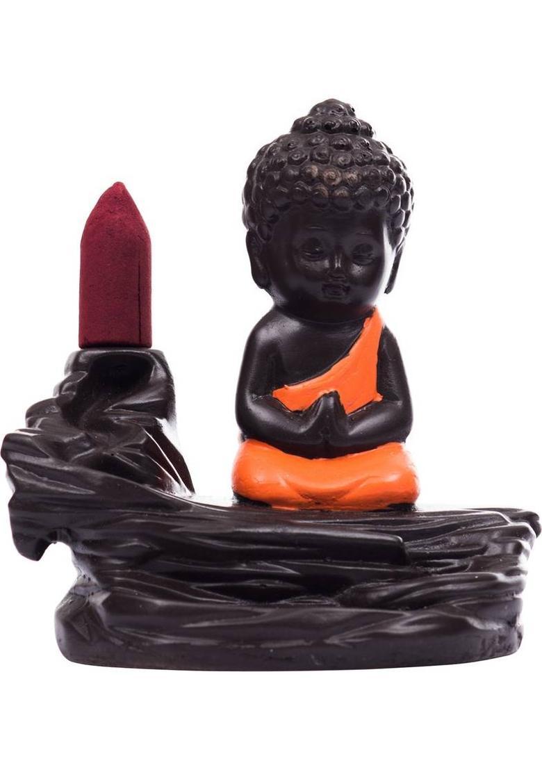 eCraftIndia Meditating Monk Buddha Smoke 10 Backflow Cone Decorative Incense Holder Decorative Showpiece - 10 cm (Brown, Red) Decorative Showpiece - 10 cm&nbsp;&nbsp;(Polyresin, Red, Brown) - Indya
