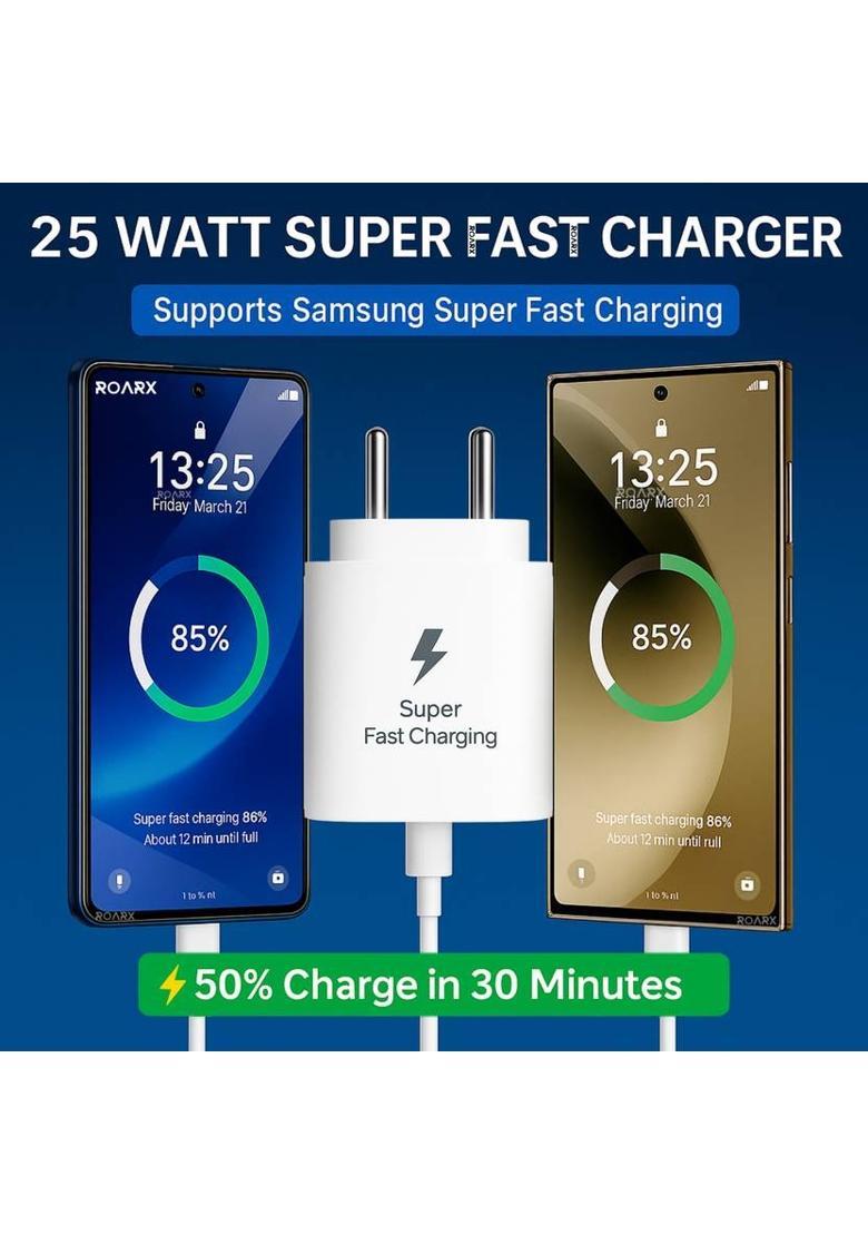 RoarX 25 W PPS 3 A Wall Charger for Mobile with Detachable Cable&nbsp;&nbsp;(White, Superfast Charger for Samsung Galaxy A35 5g Fast Charger Adapter, Cable Included) - Indya