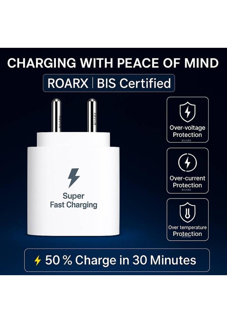 RoarX 25 W PPS 3 A Wall Charger for Mobile with Detachable Cable&nbsp;&nbsp;(White, Superfast Charger for Samsung Galaxy A35 5g Fast Charger Adapter, Cable Included) - Indya