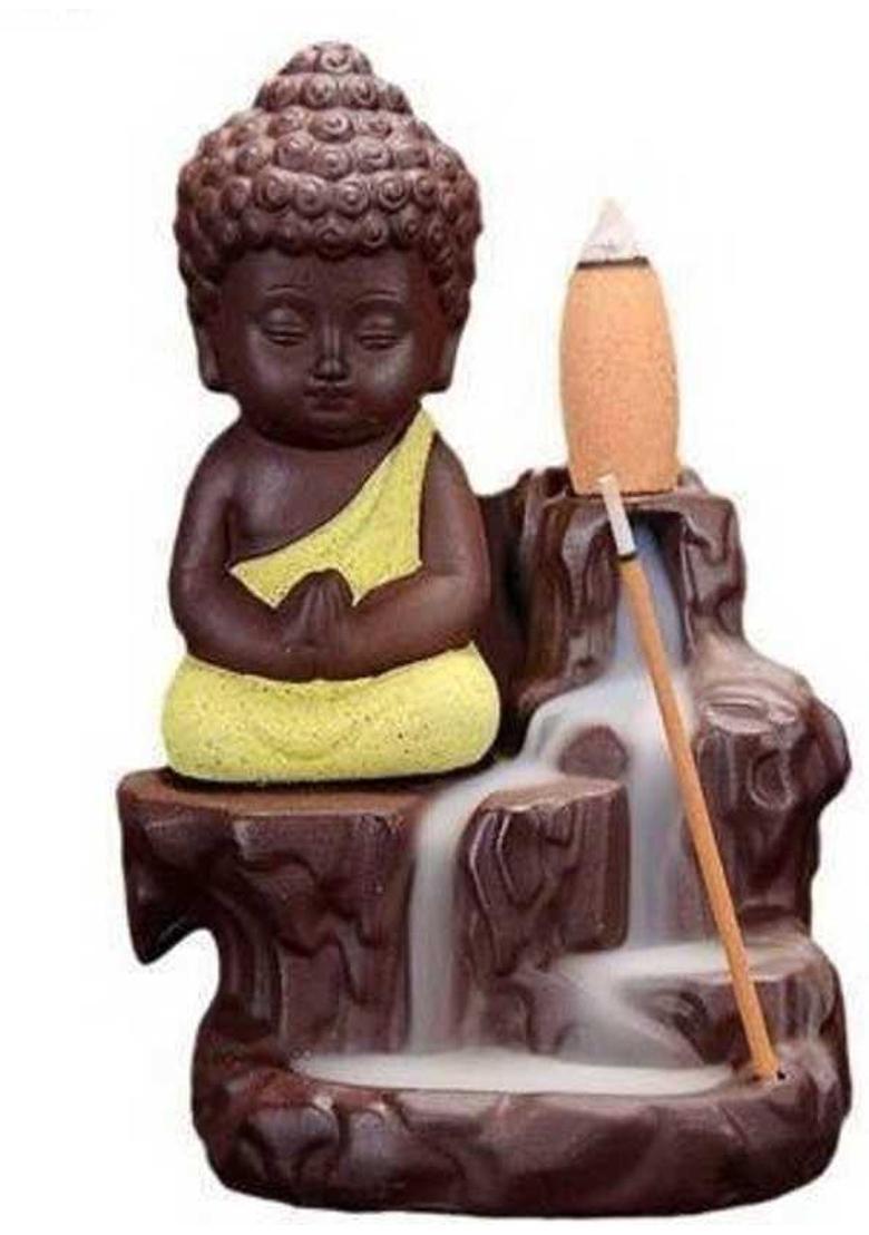 AROHI ENTERPRISES Smoke Fountain Buddha for Home Decor Big Decorative showpiece with 10 Free Smoke backflow Scented Cone incenses Decorative Showpiece - 12 cm&nbsp;&nbsp;(Polyresin, Orange, Black) - Indya