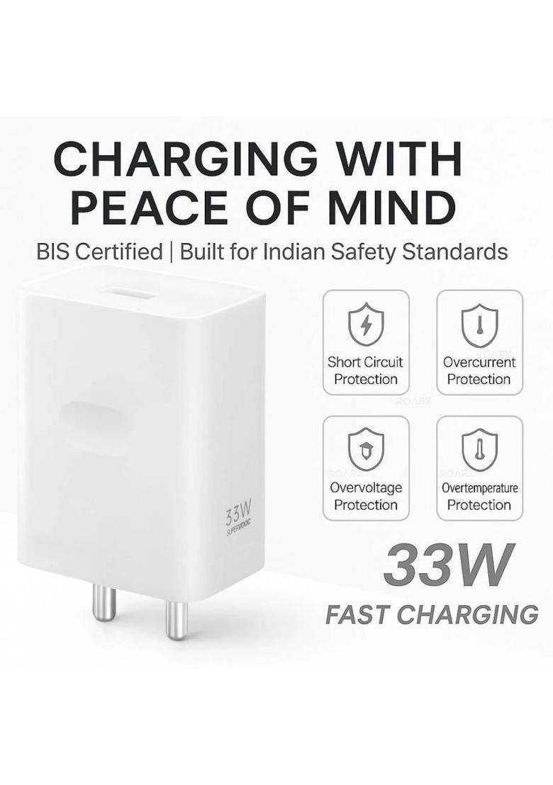 RoarX 33 W SuperVOOC 6 A Wall Charger for Mobile with Detachable Cable&nbsp;&nbsp;(White, Cable Included) - Indya