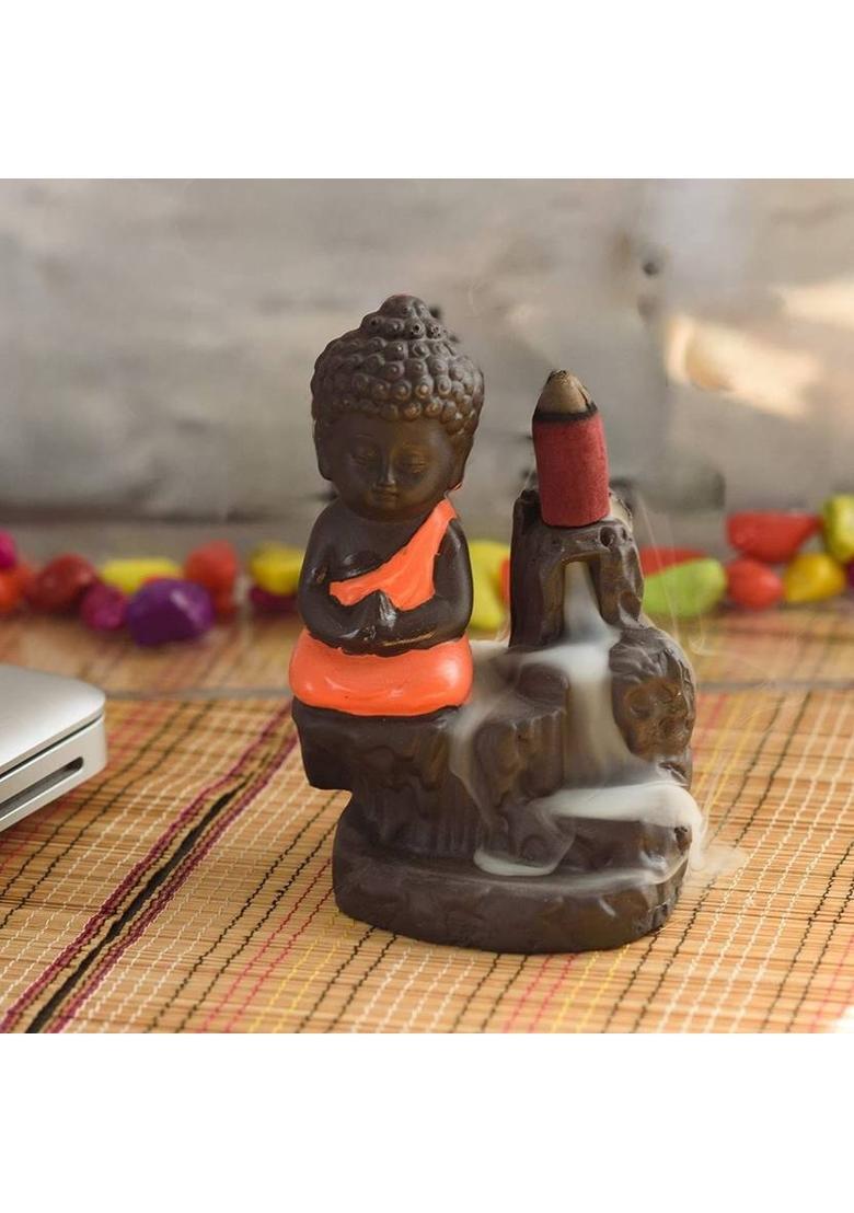 EliteTouch Buddha Backflow Incense Holder with 10 Scented Backflow Cone Incenses Decorative Showpiece - 11 cm&nbsp;&nbsp;(Polyresin, Red, Orange) - Indya