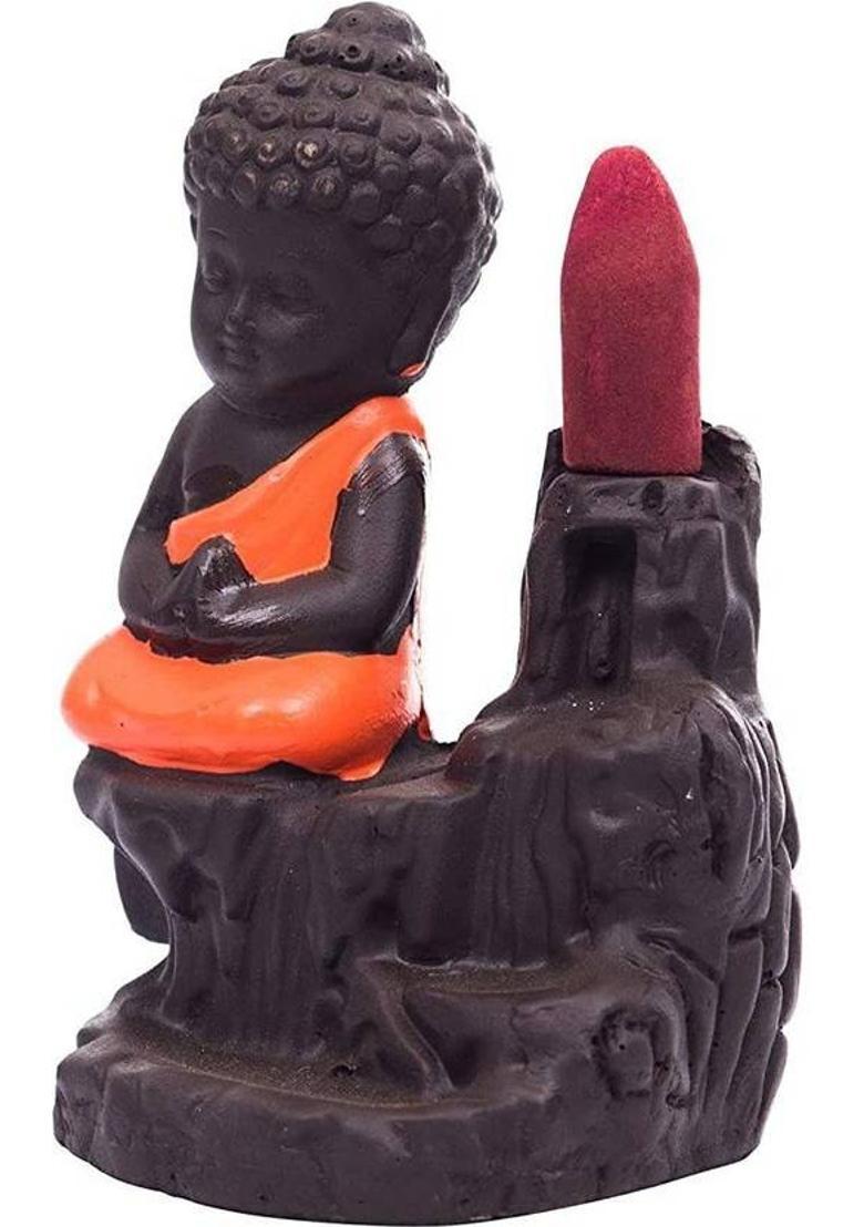 EliteTouch Buddha Backflow Incense Holder with 10 Scented Backflow Cone Incenses Decorative Showpiece - 11 cm&nbsp;&nbsp;(Polyresin, Red, Orange) - Indya