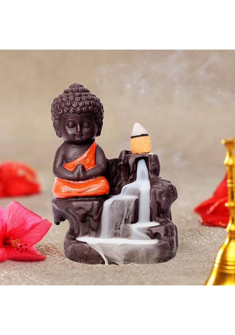 Poojan Samagri Buddha Orange Smoke Backflow Cone Decorative Incense Holder 10 Backflow Cones FREE Decorative Showpiece - 10 cm&nbsp;&nbsp;(Polyresin, Orange) - Indya