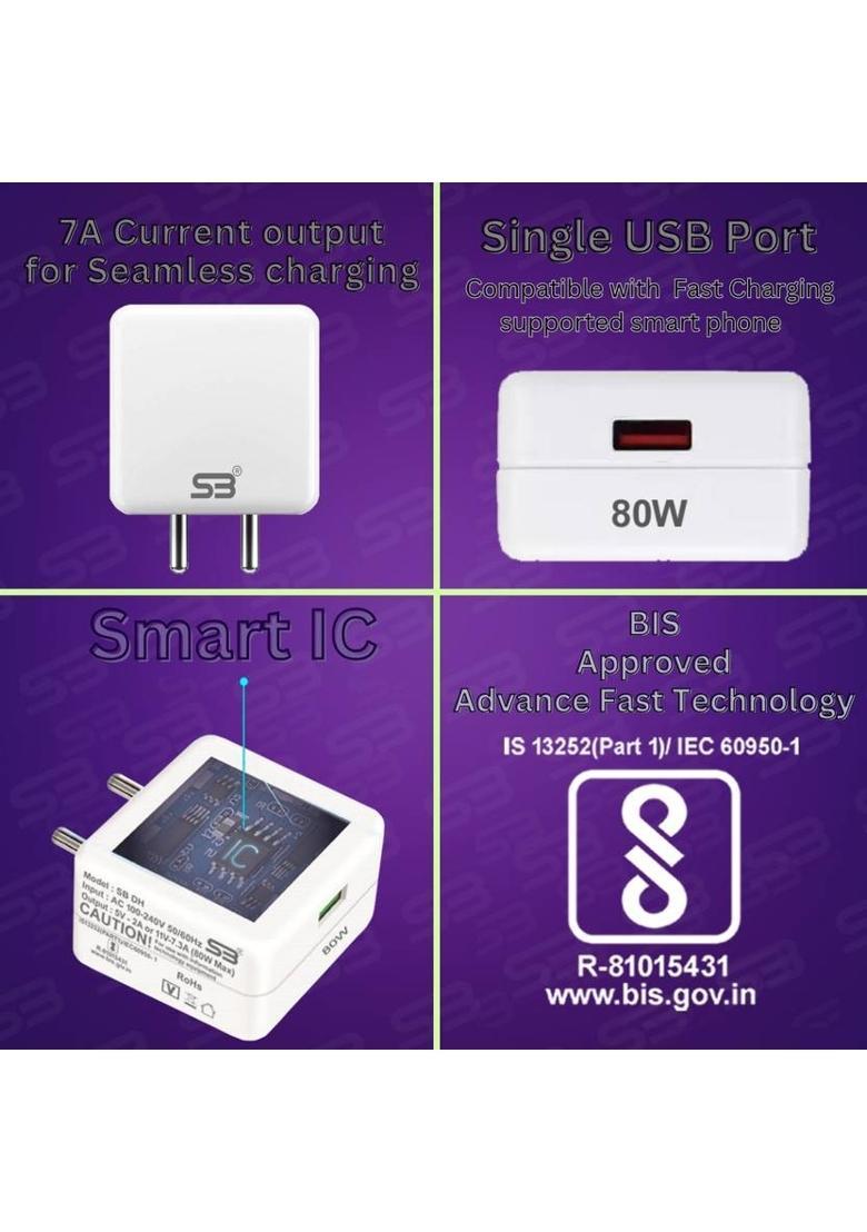 SB 80 W SuperVOOC 7.3 A Wall Charger for Mobile with Detachable Cable&nbsp;&nbsp;(White, Cable Included) - Indya