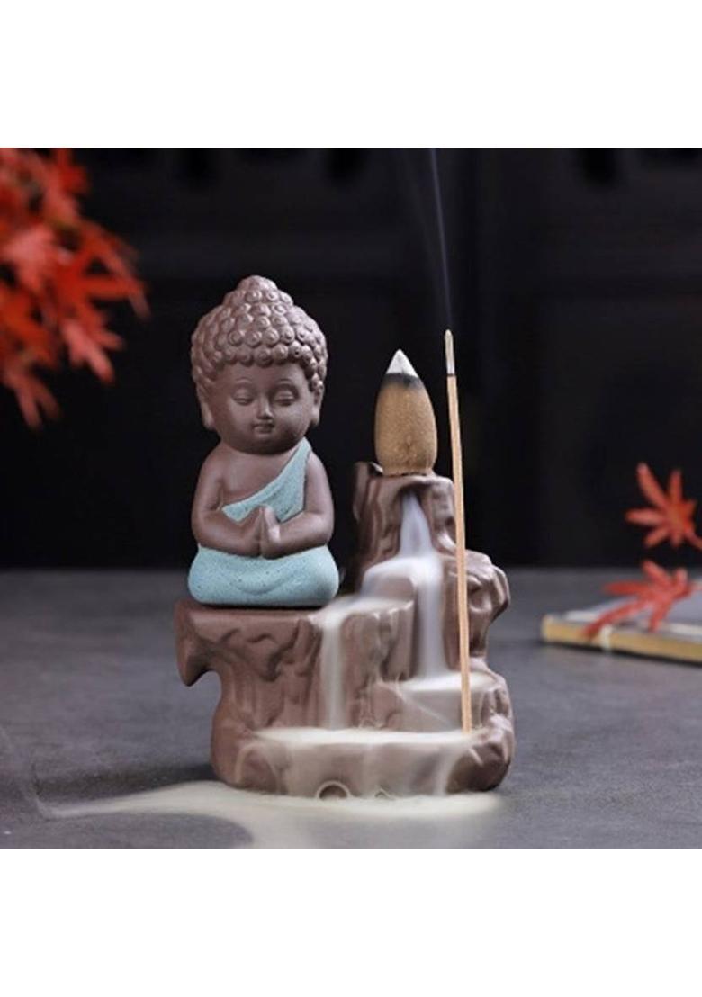 Manthan Meditating Monk Buddha Smoke Backflow Cone Incense Showpiece with 10 Smoke Backflow Cone Incenses… Polyresin Incense Holder&nbsp;&nbsp;(Multicolor) - Indya