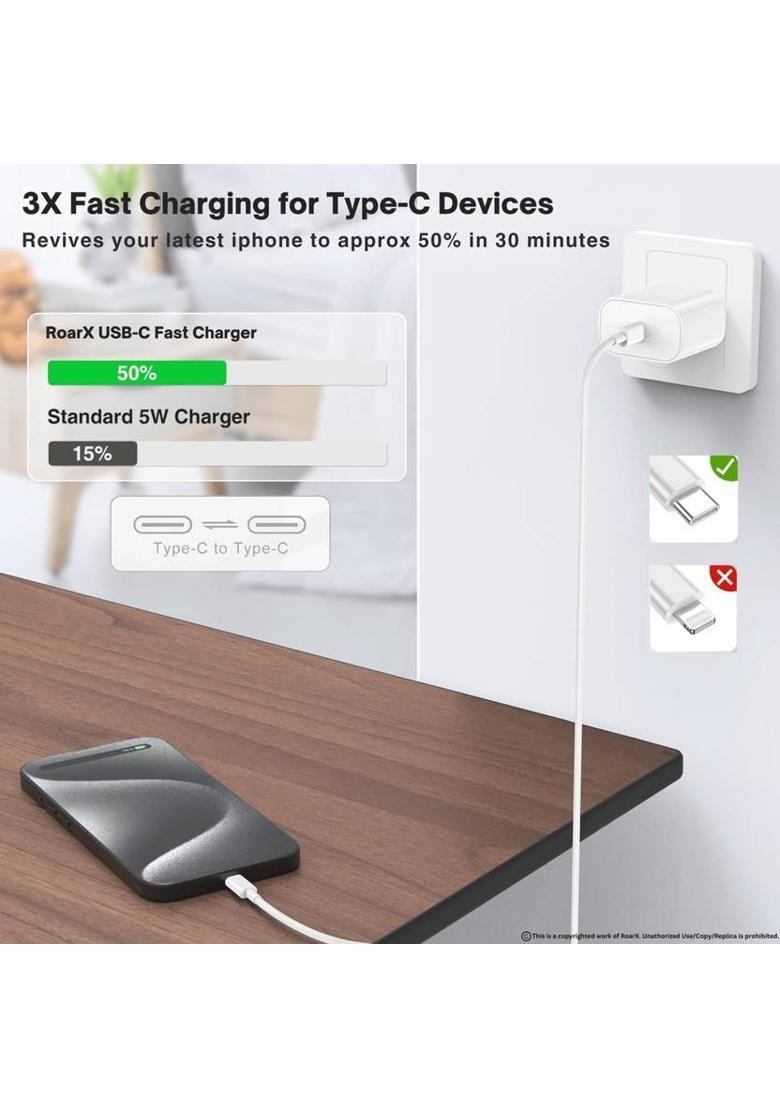 RoarX 25 W Supercharge 3 A Wall Charger for Mobile with Detachable Cable&nbsp;&nbsp;(25W Type C iPhone 15 charger adapter apple with Braided Type C to C Cable, Cable Included) - Indya