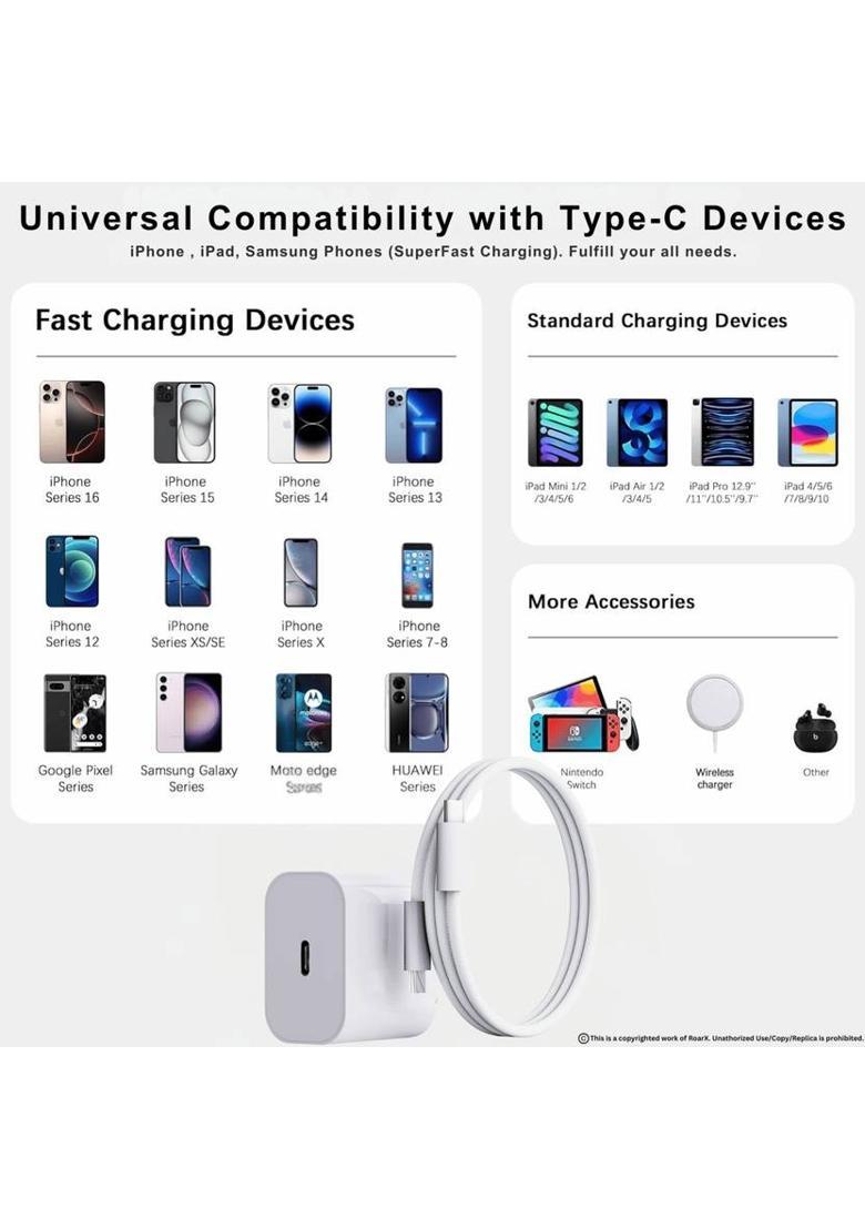 RoarX 25 W Supercharge 3 A Wall Charger for Mobile with Detachable Cable&nbsp;&nbsp;(25W Type C iPhone 15 charger adapter apple with Braided Type C to C Cable, Cable Included) - Indya