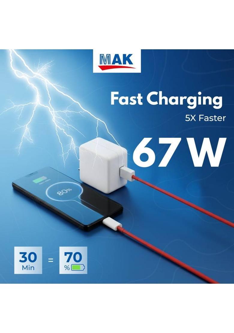 MAK 67 W SuperVOOC 6 A Wall Charger for Mobile with Detachable Cable&nbsp;&nbsp;(White, Cable Included) - Indya