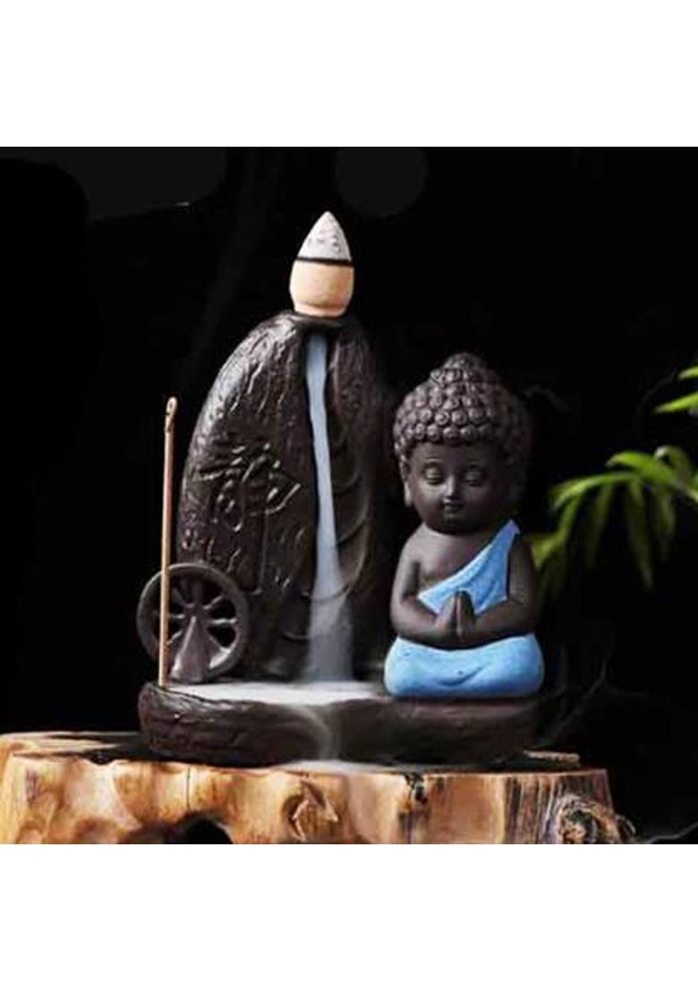 Jiyansh Creation Meditating Monk Buddha Chakkar Backflow Incense Holder With 10 Free Sticks Decorative Showpiece - 10 cm&nbsp;&nbsp;(Polyresin, Blue) - Indya