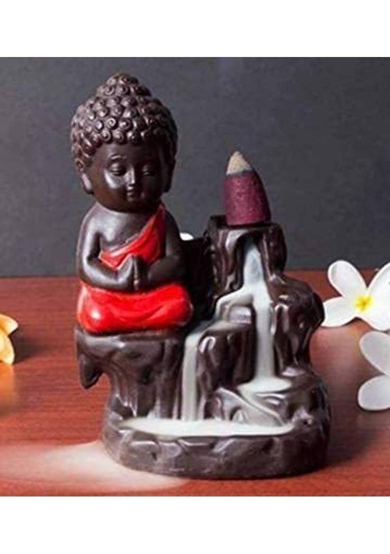 Tushhk Adorn Meditating Small Baby Monk Buddha Smoke Backflow Cone Holder W/ 10 Incense Cones Decorative Showpiece - 12 cm&nbsp;&nbsp;(Polyresin, Multicolor) - Indya