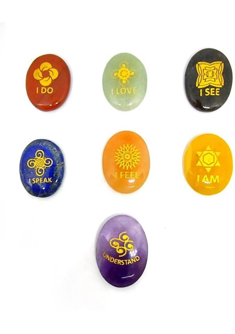 AIR9999 Seven Chakra Symbols Gemstones Oval Crystal Meditation and Reiki Healing Set Decorative Showpiece - 4 cm&nbsp;&nbsp;(Crystal, Multicolor) - Indya