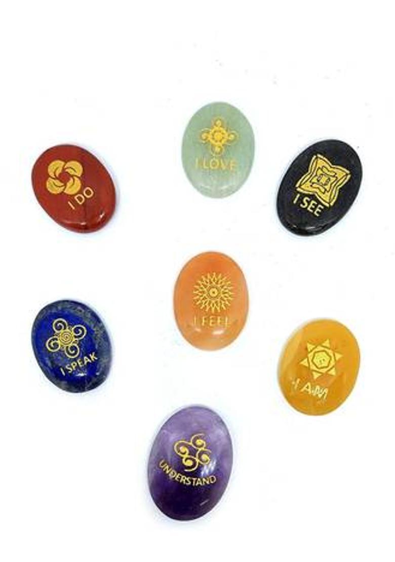 AIR9999 Seven Chakra Symbols Gemstones Oval Crystal Meditation and Reiki Healing Set Decorative Showpiece - 4 cm&nbsp;&nbsp;(Crystal, Multicolor) - Indya