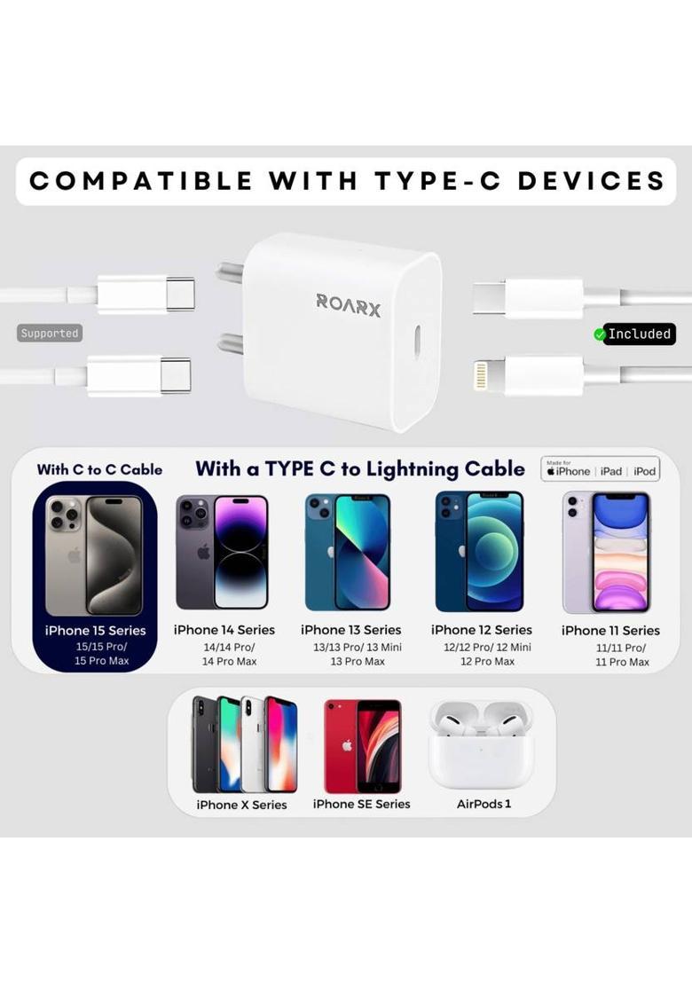 RoarX 20 W PD 3 A Wall Charger for Mobile with Detachable Cable&nbsp;&nbsp;(White) - Indya