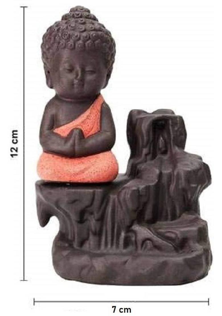 ILLUMYNATE Meditating Little baby Monk Buddha Smoke Backflow Cone Incense Holder Decorative Showpiece - 12 cm&nbsp;&nbsp;(Polyresin, Orange, Brown) - Indya