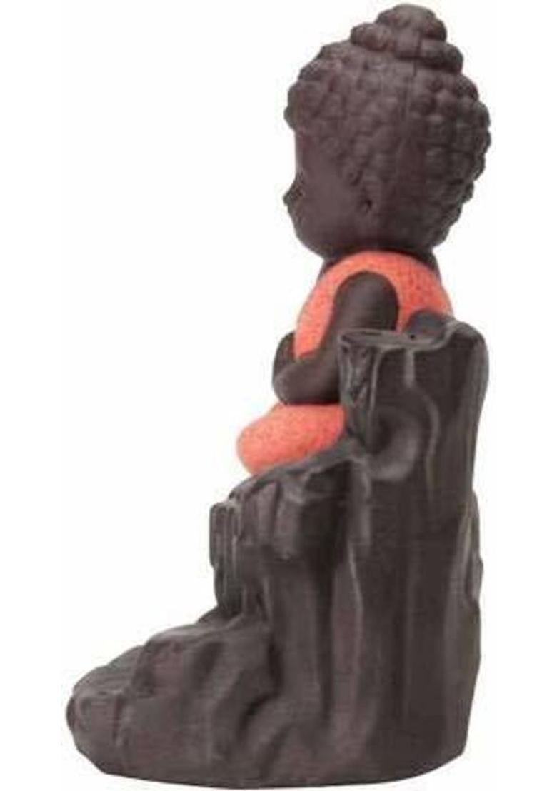 ILLUMYNATE Meditating Little baby Monk Buddha Smoke Backflow Cone Incense Holder Decorative Showpiece - 12 cm&nbsp;&nbsp;(Polyresin, Orange, Brown) - Indya
