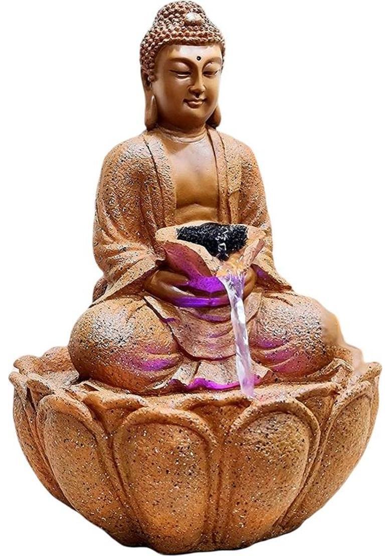 Craftlane Buddha Statue Water Fountain with Flowing Water Decorative Showpiece - 39 cm&nbsp;&nbsp;(Resin, Brown) - Indya
