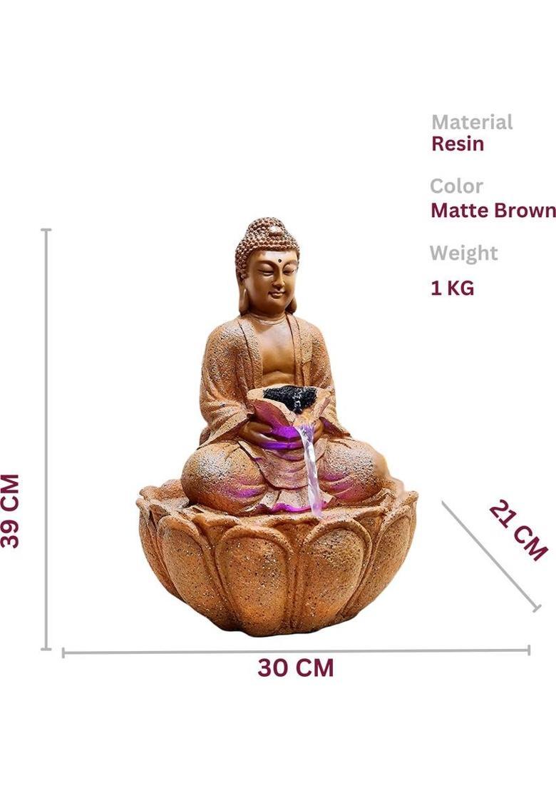 Craftlane Buddha Statue Water Fountain with Flowing Water Decorative Showpiece - 39 cm&nbsp;&nbsp;(Resin, Brown) - Indya