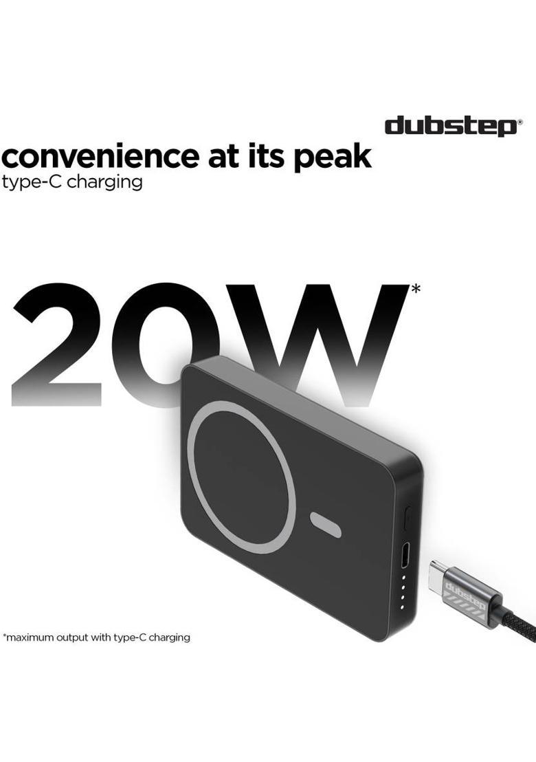 Dubstep 10000 mAh 20 W Wired & Wireless With MagSafe Compact Pocket Size Power Bank&nbsp;&nbsp;(Black, Lithium Polymer, Fast Charging for Mobile, Earbuds, Smartwatch, Speaker) - Indya
