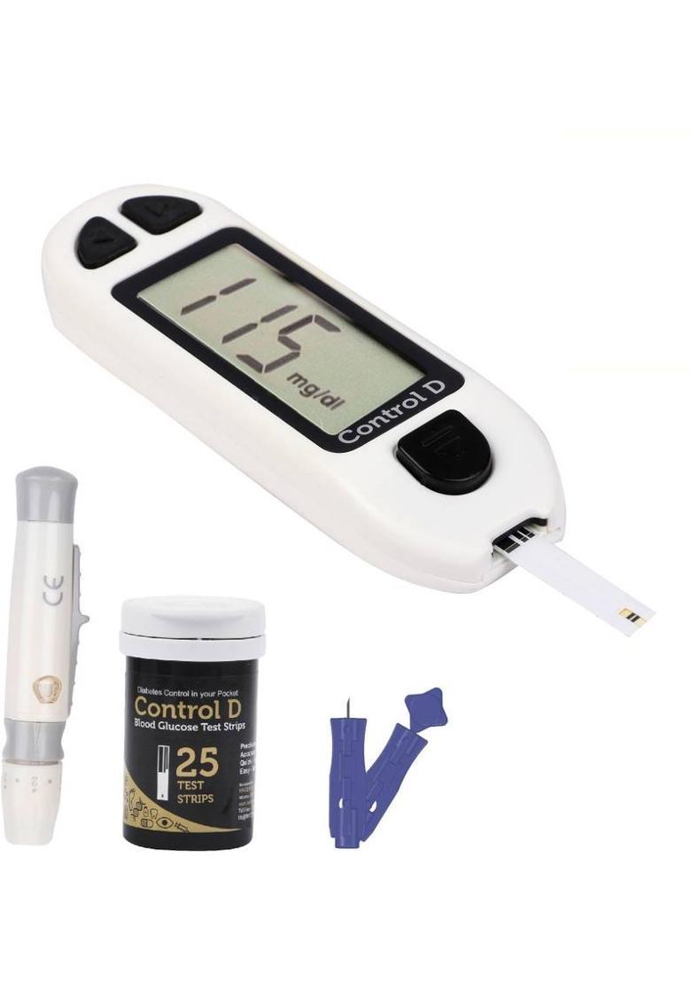 Control D 25 Strips & Automatic Glucose Blood Sugar Testing Machine Digital Glucometer&nbsp;&nbsp;(White) - Indya
