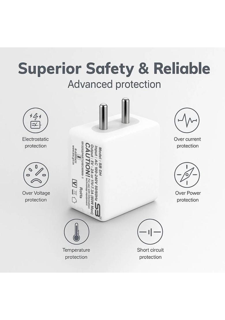 SB 80 W SuperVOOC 7.3 A Wall Charger for Mobile with Detachable Cable&nbsp;&nbsp;(White, Cable Included) - Indya