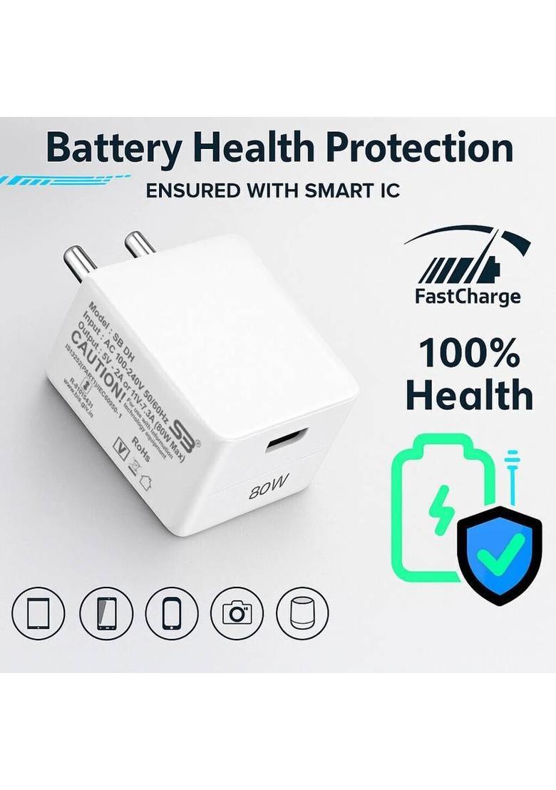 SB 80 W SuperVOOC 7.3 A Wall Charger for Mobile with Detachable Cable&nbsp;&nbsp;(White, Cable Included) - Indya
