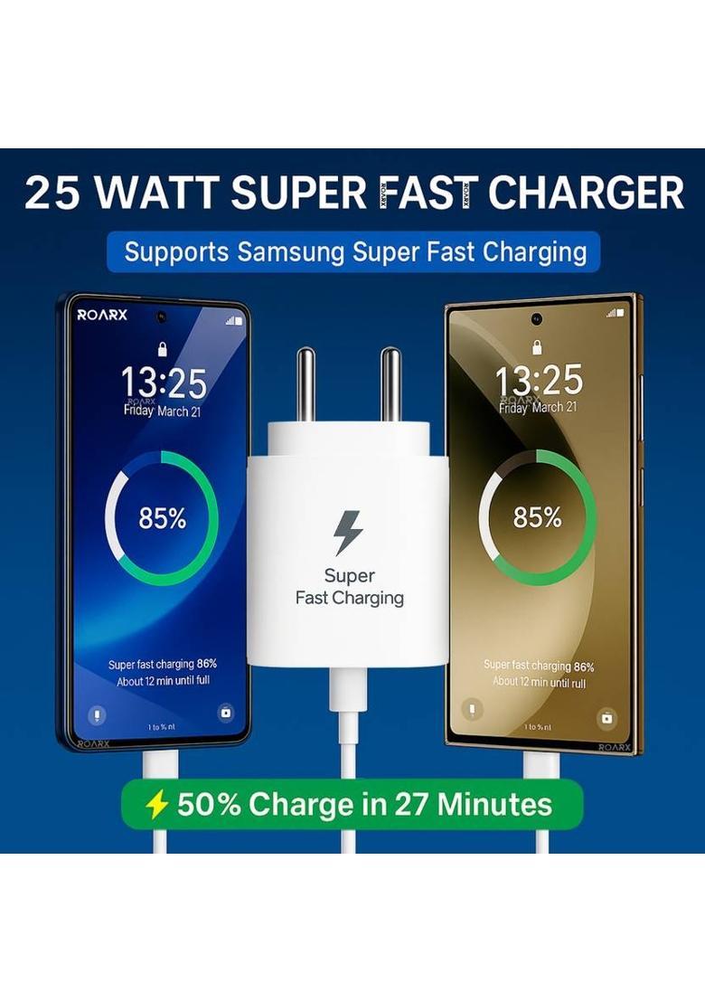 RoarX 25 W PD 3 A Wall Charger for Mobile with Detachable Cable&nbsp;&nbsp;(White, Cable Included) - Indya