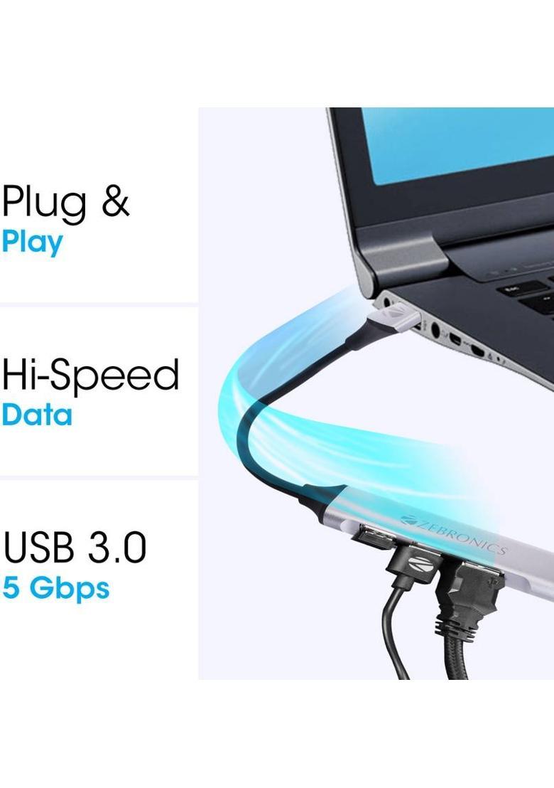 ZEBRONICS ZEB-200HB Zeb 200HB USB 3, 4 Port hub with HiSpeed Data Transfer,15cm Cable PlugPlay Usage USB Hub&nbsp;&nbsp;(Silver) - Indya