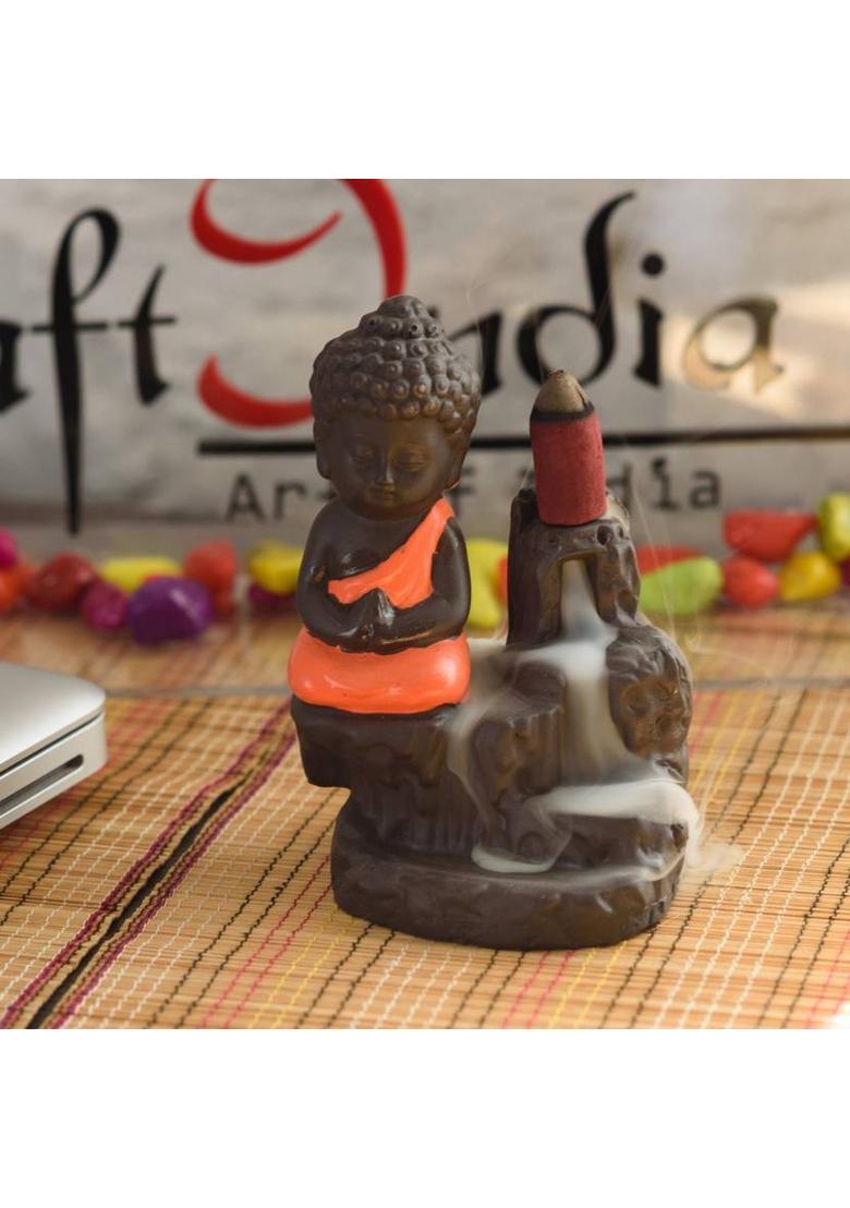 eCraftIndia Meditating Monk Buddha Smoke 30 Backflow Cone Decorative Incense Holder (7 cm x 7 cm x 12, Red) Decorative Showpiece - 12 cm&nbsp;&nbsp;(Polyresin, Red, Brown) - Indya