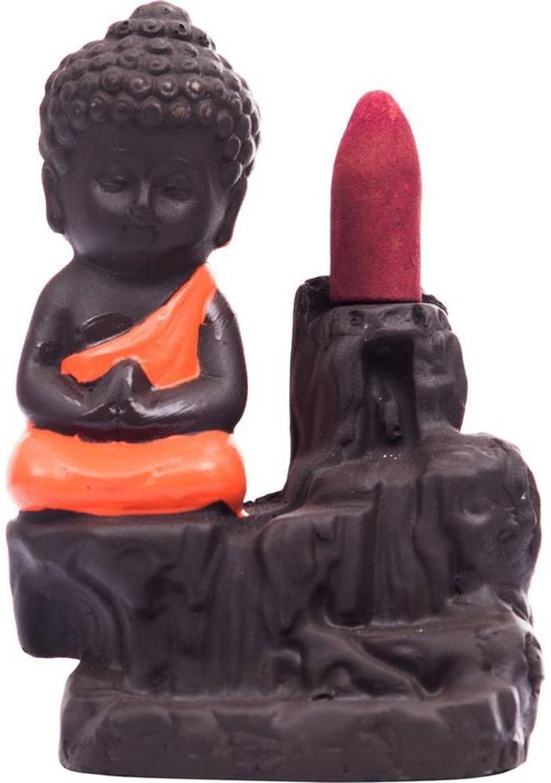 eCraftIndia Meditating Monk Buddha Smoke 30 Backflow Cone Decorative Incense Holder (7 cm x 7 cm x 12, Red) Decorative Showpiece - 12 cm&nbsp;&nbsp;(Polyresin, Red, Brown) - Indya