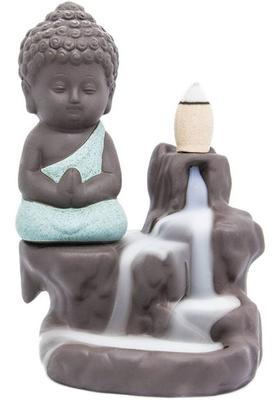 Jiyansh Creation Meditating Baby Monk Smoke Backflow Cone Incense Holder With 10 Incense Cones Decorative Showpiece - 12 cm&nbsp;&nbsp;(Polyresin, Black, Blue)