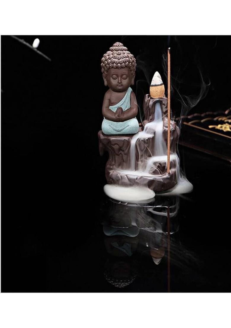 Jiyansh Creation Meditating Baby Monk Smoke Backflow Cone Incense Holder With 10 Incense Cones Decorative Showpiece - 12 cm&nbsp;&nbsp;(Polyresin, Black, Blue) - Indya