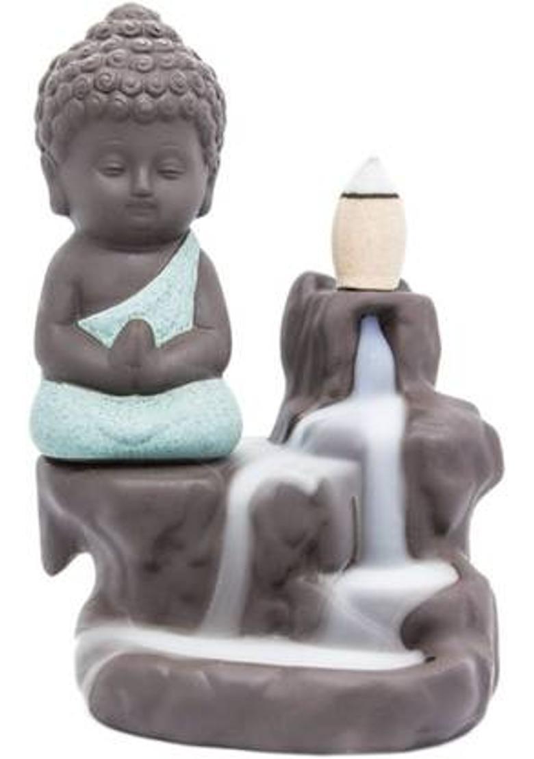 Jiyansh Creation Meditating Baby Monk Smoke Backflow Cone Incense Holder With 10 Incense Cones Decorative Showpiece - 12 cm&nbsp;&nbsp;(Polyresin, Black, Blue) - Indya